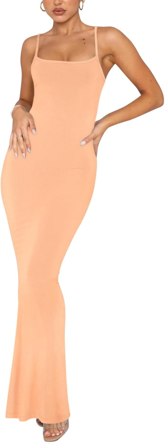 Women's Basic Sexy Lounge Slip Long Dress Elegant Sleeveless Backless Ribbed Bodycon Maxi Dresses