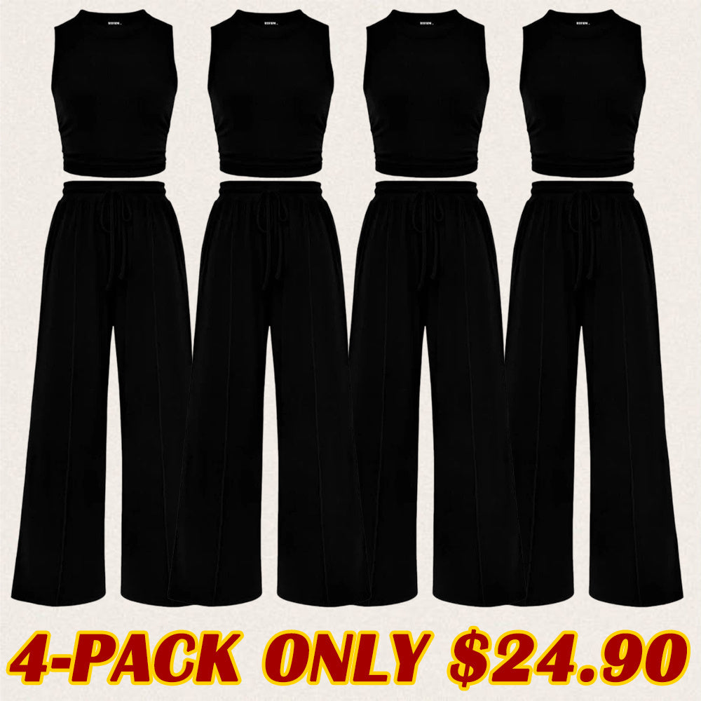 Women's Summer 2-Piece Outfits - Ribbed Knit Crew Neck Sleeveless Cropped Top & Wide Leg Pants Lounge Set