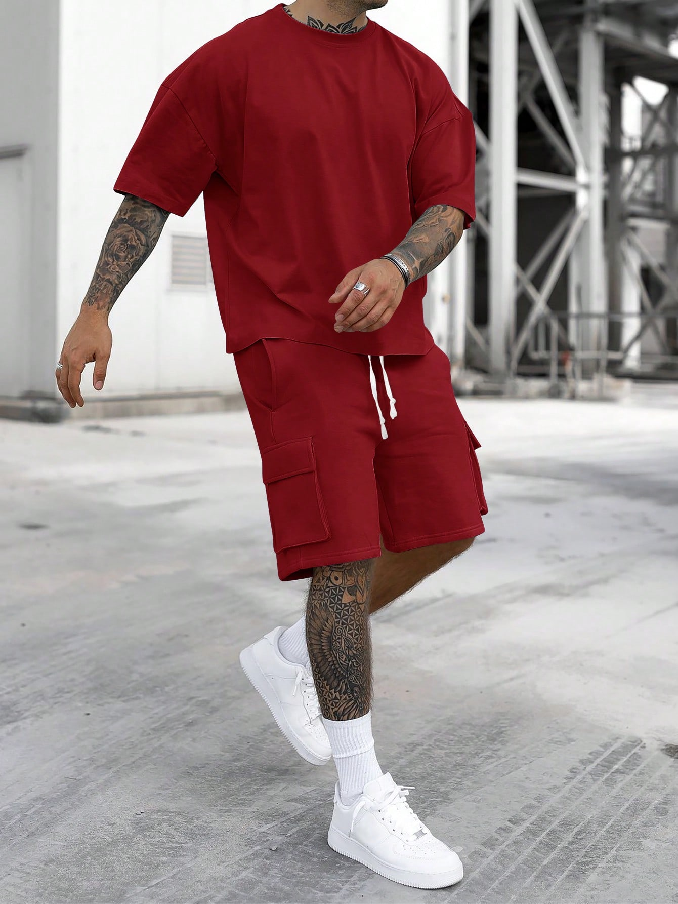 [S-6XL] Men's Solid Tee & Cargo Shorts Set