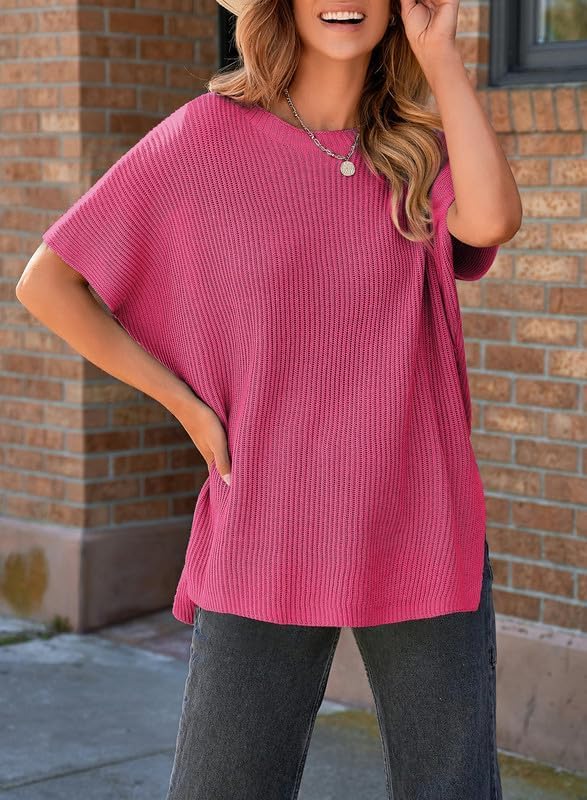 Womens Tops Crewneck Short Sleeve Sweater Causal Tunic Tops Lightweight Summer Sweaters for Women