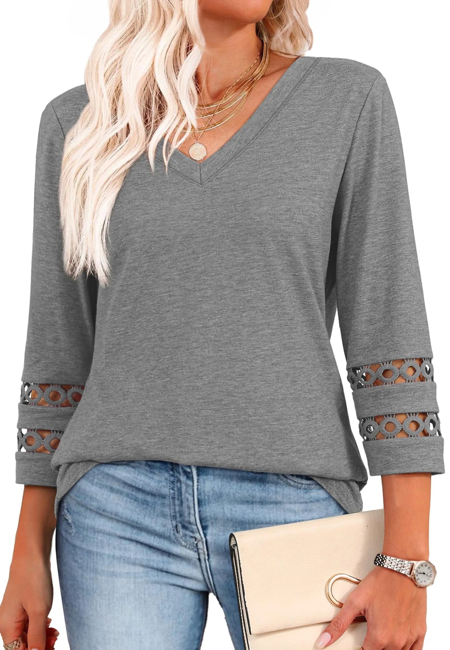 2025 Women's Trendy V-Neck T-Shirt with 3/4 Sleeves - Stylish & Comfortable Top