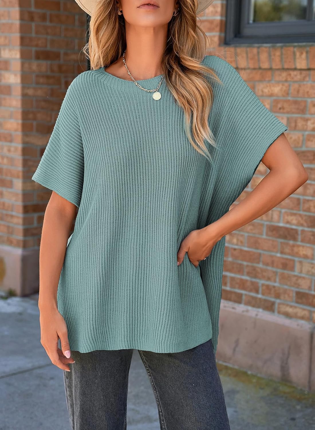 Womens Tops Crewneck Short Sleeve Sweater Causal Tunic Tops Lightweight Summer Sweaters for Women