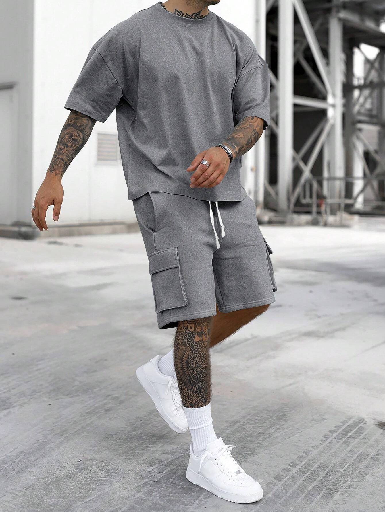 [S-6XL] Men's Solid Tee & Cargo Shorts Set