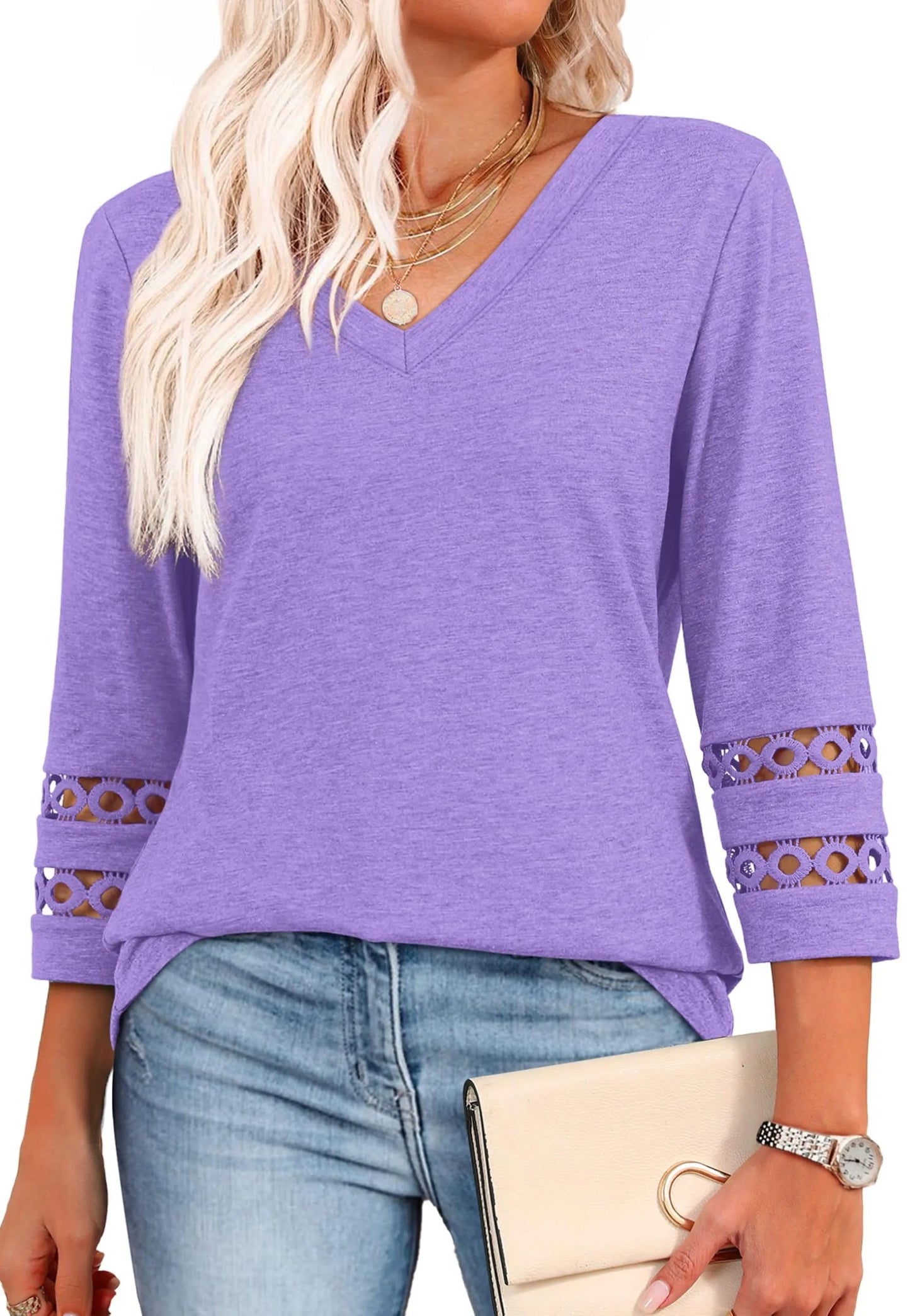 2025 Women's Trendy V-Neck T-Shirt with 3/4 Sleeves - Stylish & Comfortable Top