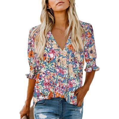 Womens Vneck T Shirts Tops Casual Ruffle Short Sleeve Blouses Boho Floral Graphic Solid