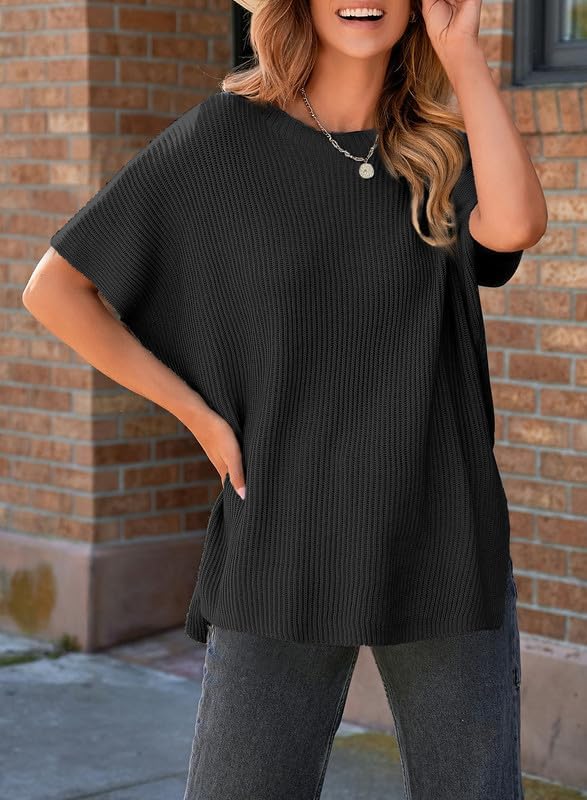 Womens Tops Crewneck Short Sleeve Sweater Causal Tunic Tops Lightweight Summer Sweaters for Women