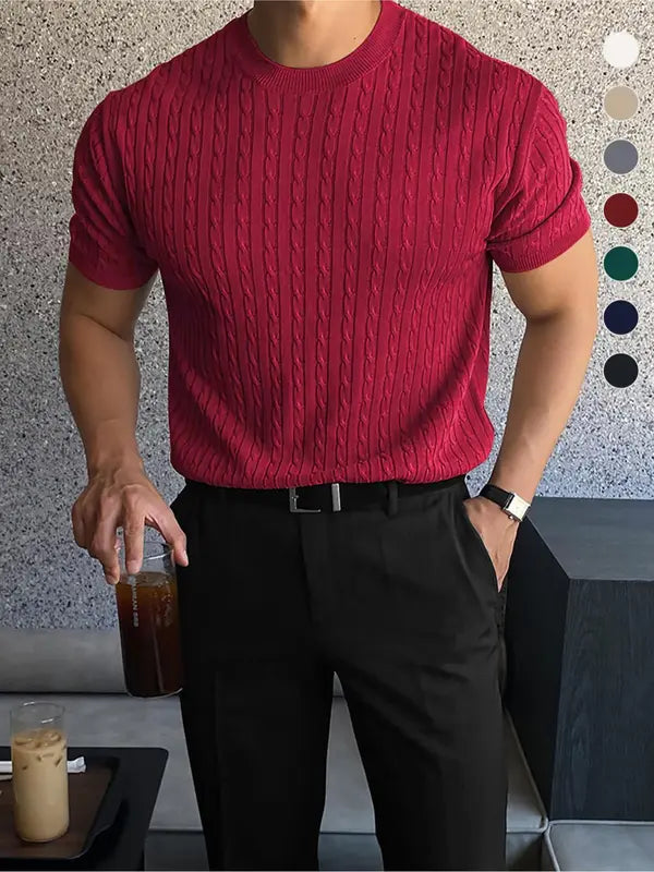 Summer Clothes Men's Plain Round Neck Cable Knit Shortsleeve Top, Slim Casual Crew Neck Knitwear for Spring & Summer, Menswear for Daily Wear, National Day Clothing