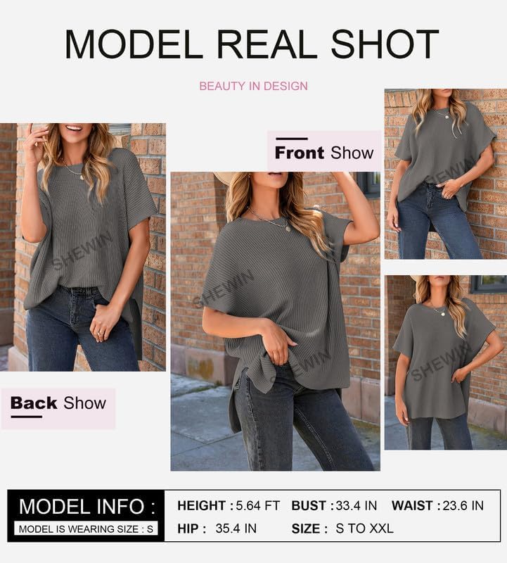 Womens Tops Crewneck Short Sleeve Sweater Causal Tunic Tops Lightweight Summer Sweaters for Women