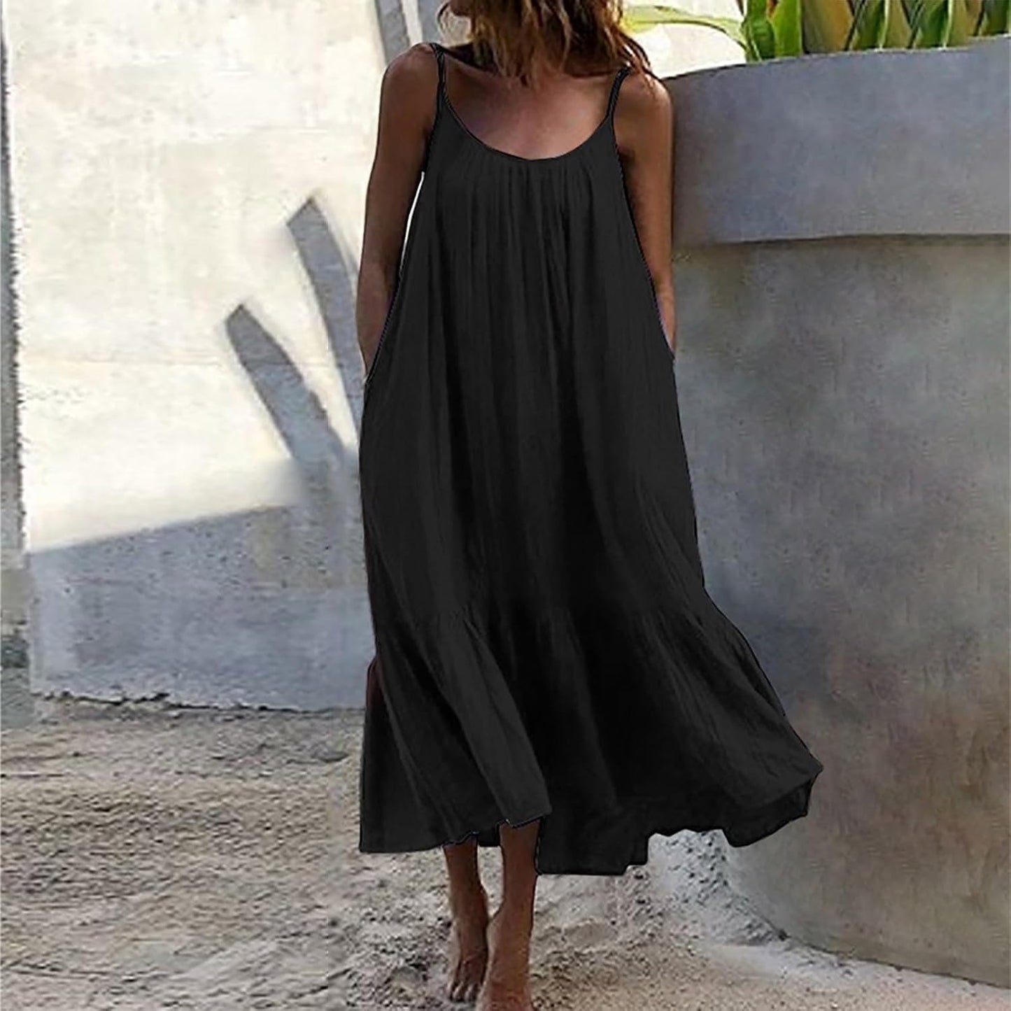Summer Dresses Loose Fit Sleeveless Spaghetti Strap Asymmetric Tiered Maxi Dress Baggy