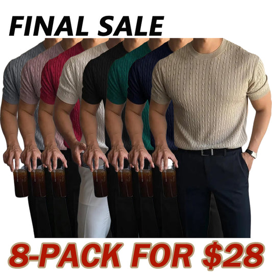 Summer Clothes Men's Plain Round Neck Cable Knit Shortsleeve Top, Slim Casual Crew Neck Knitwear for Spring & Summer, Menswear for Daily Wear, National Day Clothing