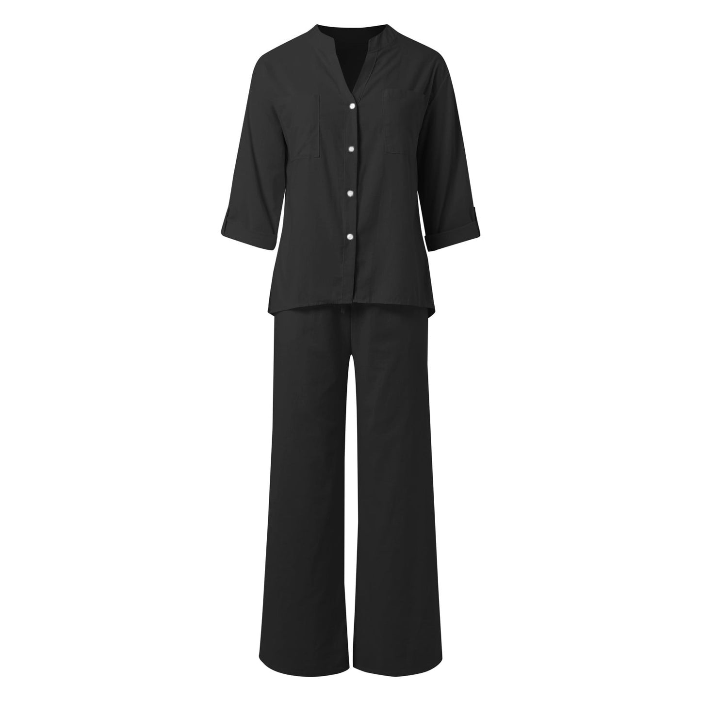 Women's Two Piece 2025 Lapel Long Sleeved Shirt Spring Summer Casual Solid Pants Wide Leg Two Piece Suit Women's Fashion Business Suit Two Piece Pants Set Women Trousers Suit Outfits for Women Girls
