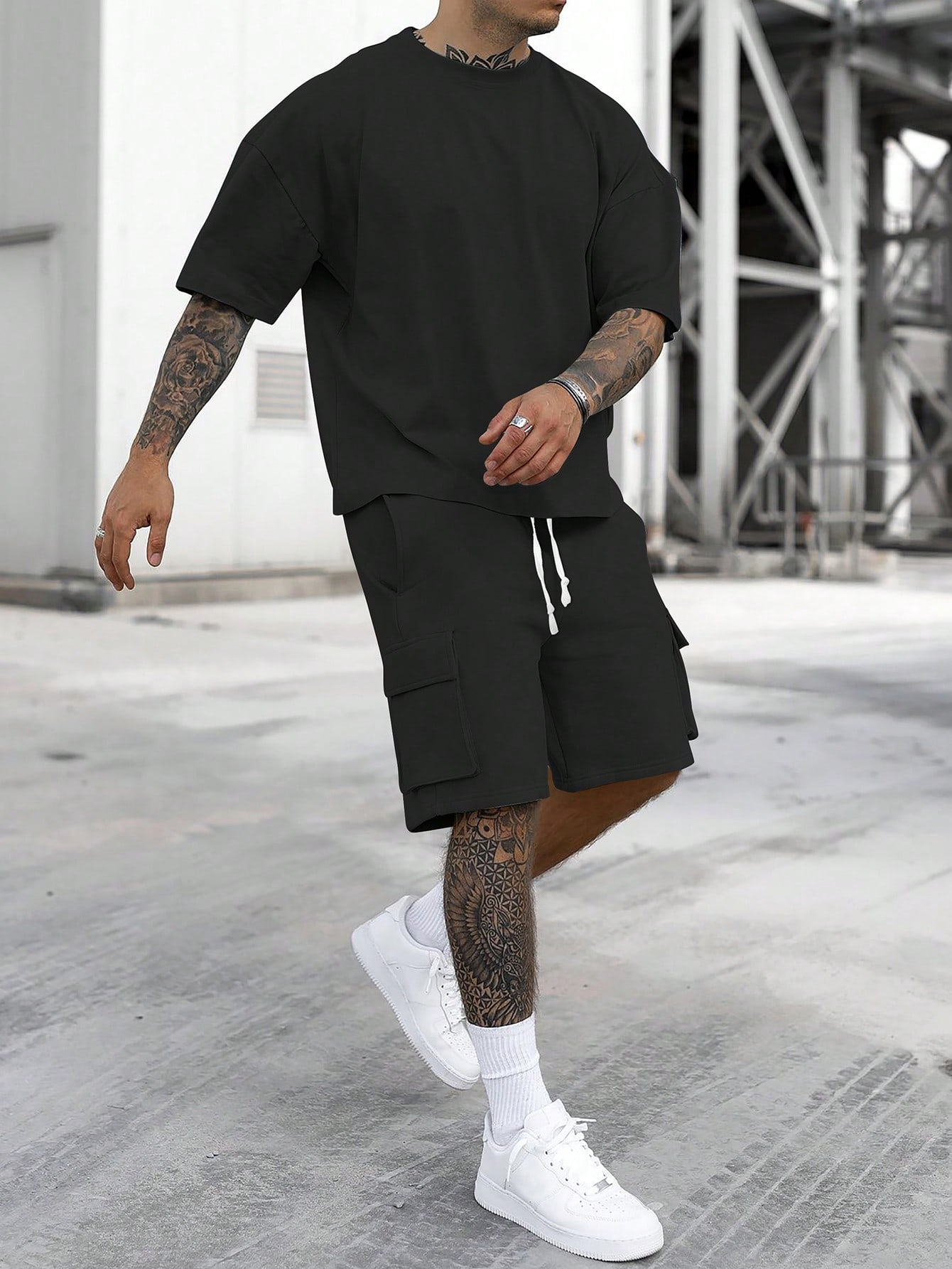 [S-6XL] Men's Solid Tee & Cargo Shorts Set