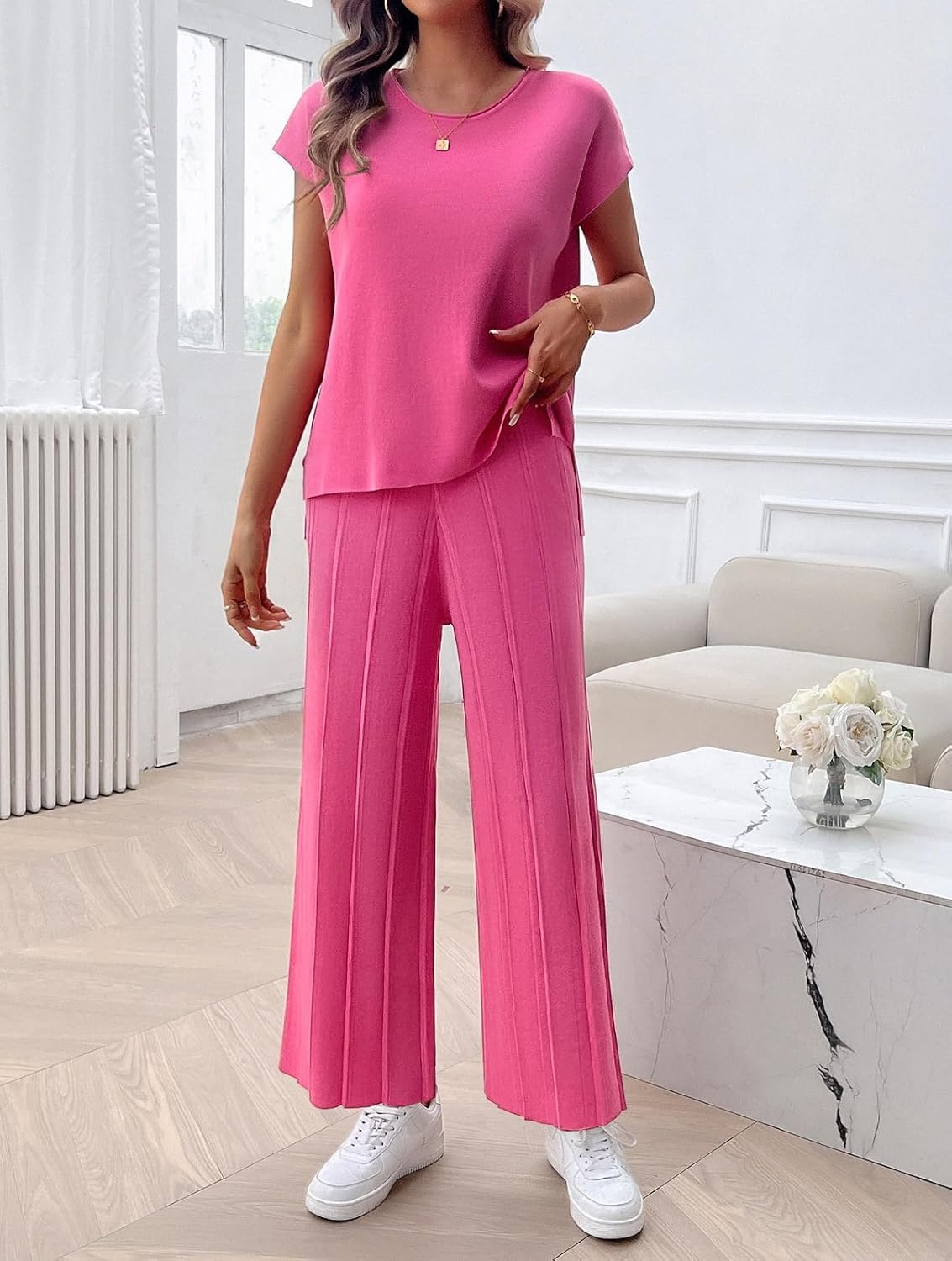 Womens 2 Pieces Lounge Sets Knit Sweater Sets Casual Cap Sleeve Tops with Wide Leg Pants Tracksuits