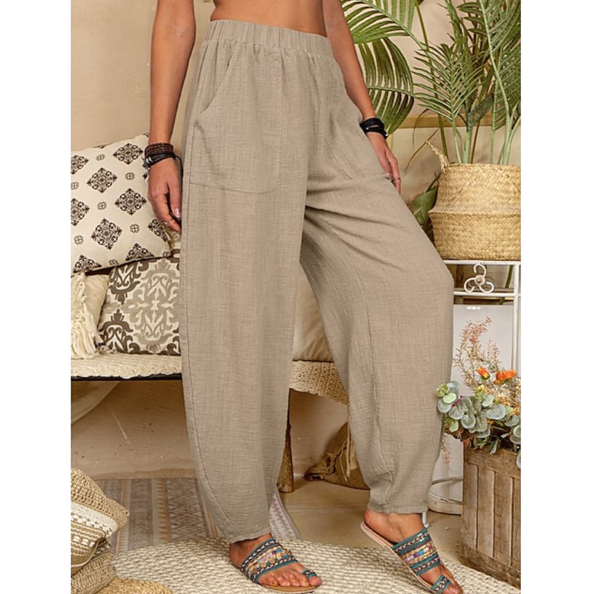 Women's Cotton Linen Pants Baggy Pants Harem Pants Comfort Solid Color Pocket Elastic Waist Causal