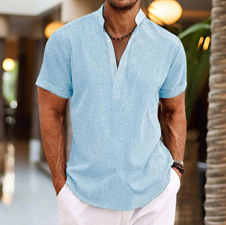 Men's Shirt Linen Shirt Band Collar Shirt Popover Shirt Summer Shirt Beach Wear Plain Vacation Casual Black White Yellow Pink Short Sleeve Henley Summer Clothing Apparel