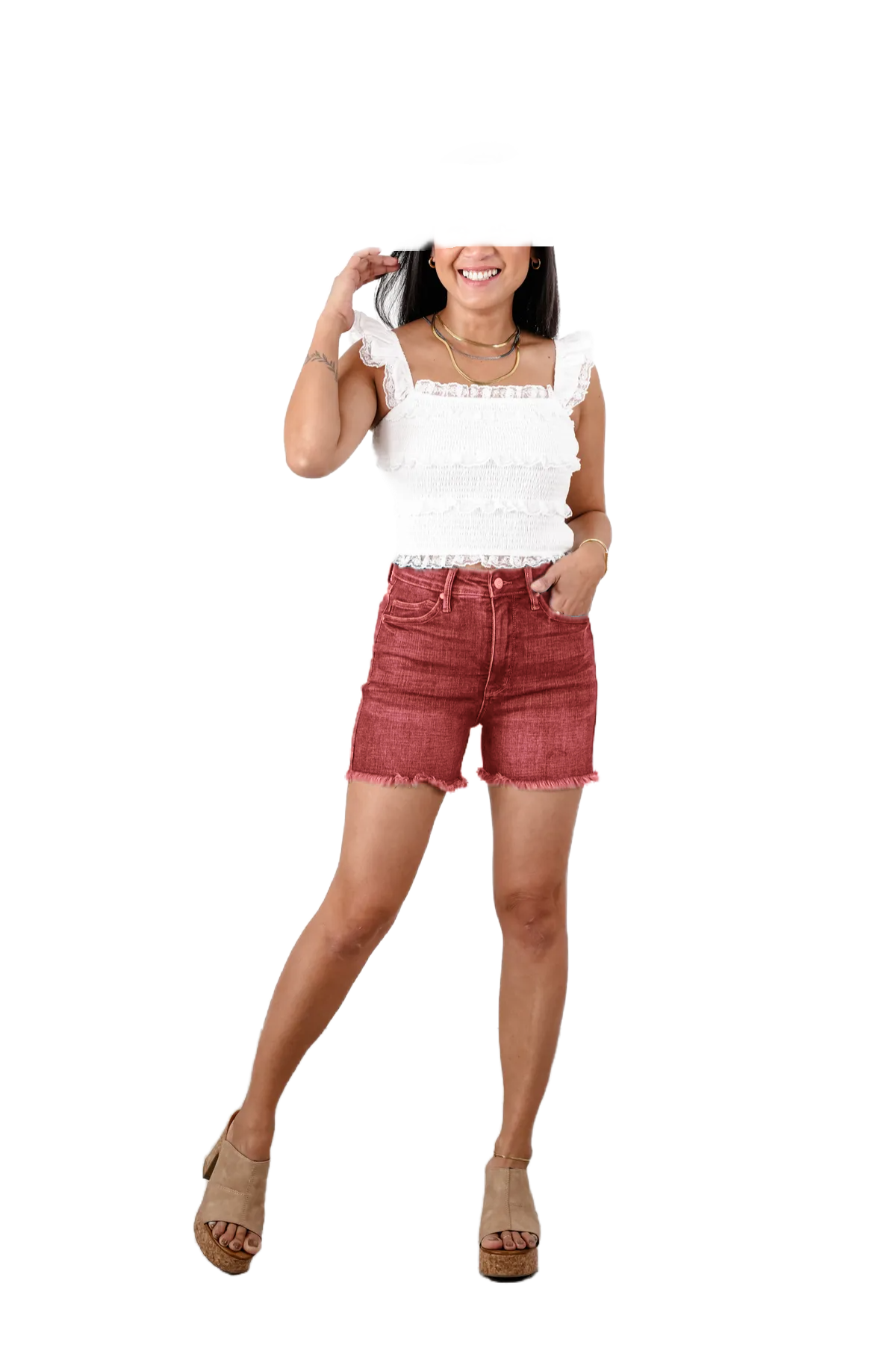 🔥2025 Hot Trend🔥Dark Wash Tummy Control Fray Hem Shorts with Shield Back Pockets