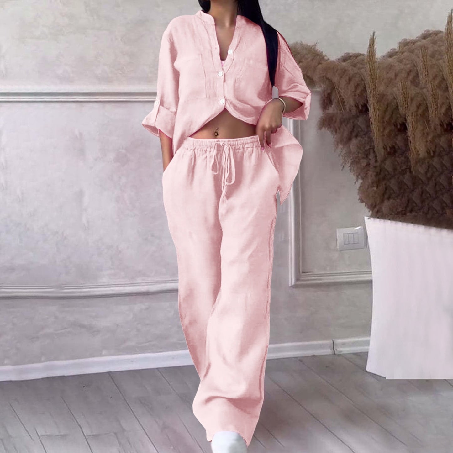 Women's Two Piece 2025 Lapel Long Sleeved Shirt Spring Summer Casual Solid Pants Wide Leg Two Piece Suit Women's Fashion Business Suit Two Piece Pants Set Women Trousers Suit Outfits for Women Girls