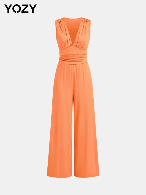 🔥Flash Sale⚡ Deep V Neck Ruched Tank Jumpsuit, Sleeveless Wide Leg Jumpsuit, Women's Vacation & Holiday Wear for Evening Outfits on Holiday, Valentine's Day Gift for Girl