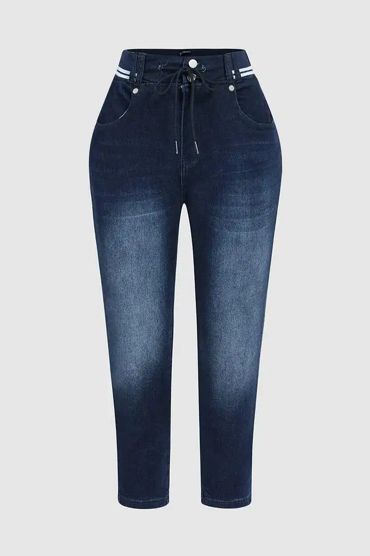 🔥Flash Sale⚡Wash Contrast Binding Double Button Drawstring Mid Waist Capri Jeans
