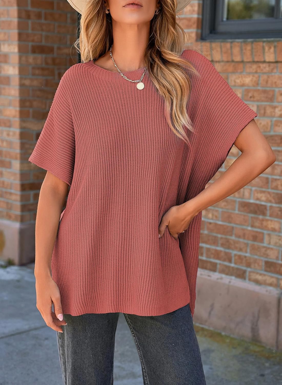 Womens Tops Crewneck Short Sleeve Sweater Causal Tunic Tops Lightweight Summer Sweaters for Women