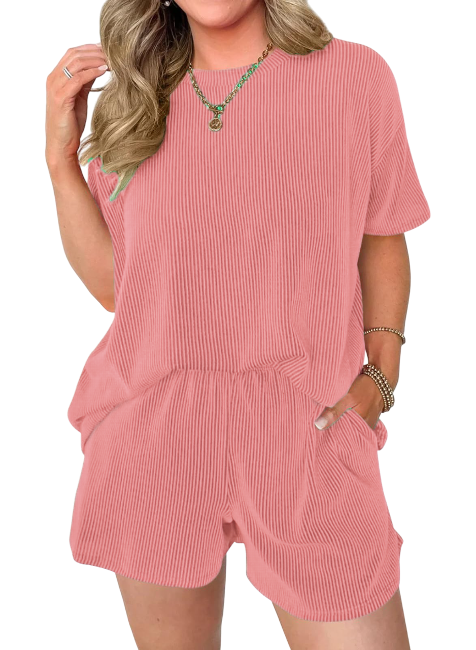 Women's Pocket Casual Short Sleeve T-shirt & Elastic Waist Shorts, Ribbed 2 Piece Sets
