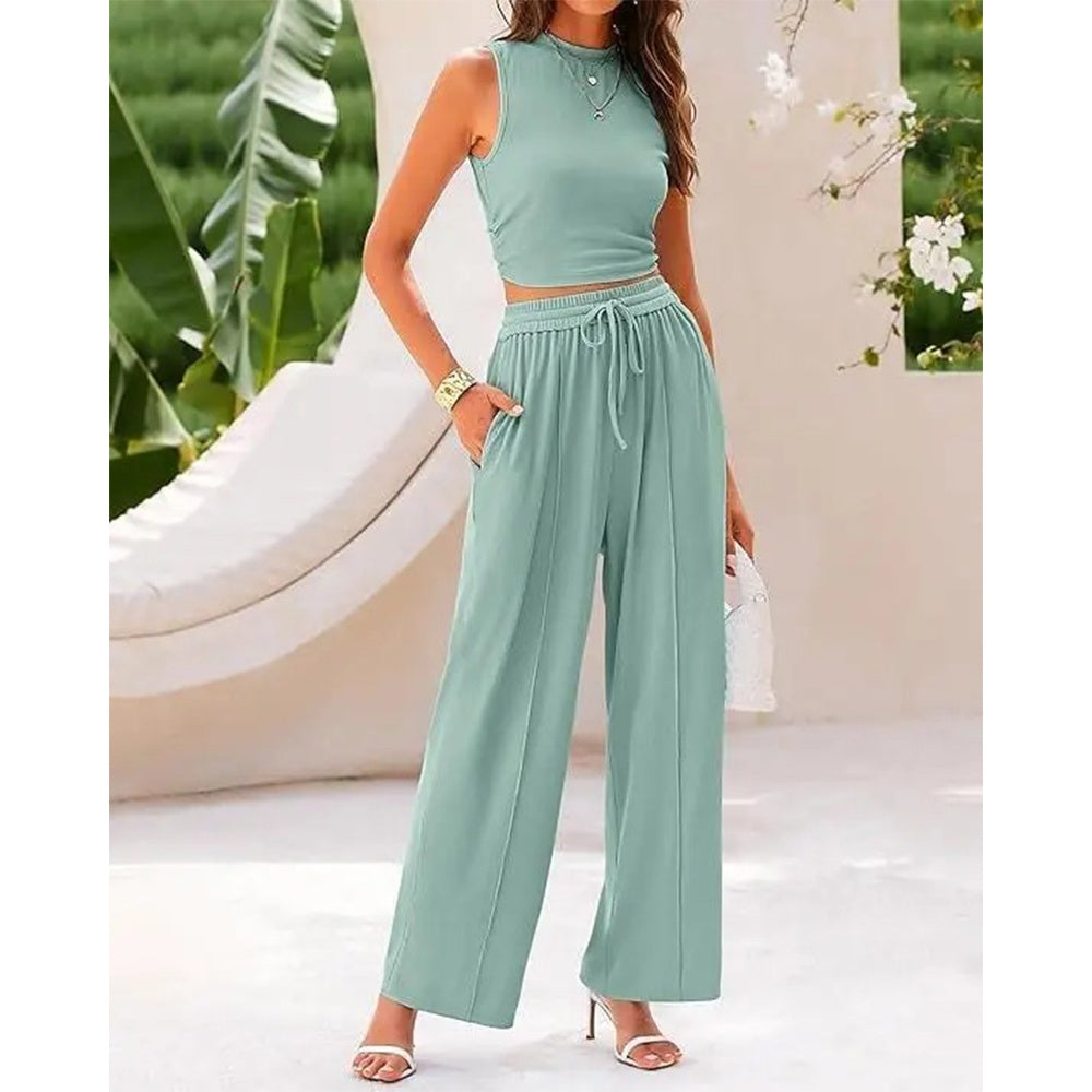 Women's Summer 2-Piece Outfits - Ribbed Knit Crew Neck Sleeveless Cropped Top & Wide Leg Pants Lounge Set