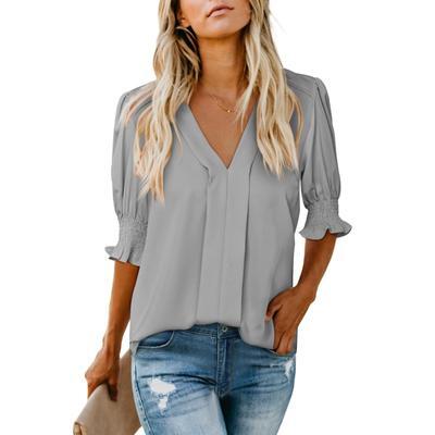 Womens Vneck T Shirts Tops Casual Ruffle Short Sleeve Blouses Boho Floral Graphic Solid