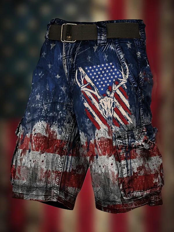Men's Vintage Flag Independence Day Multi-Pocket Print Cargo Shorts (Belt Included)