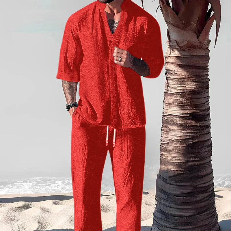Men's two-piece set in cotton linen: top and trousers
