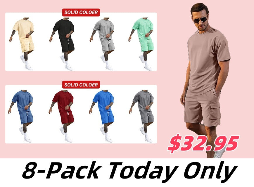 [S-6XL] Men's Solid Tee & Cargo Shorts Set