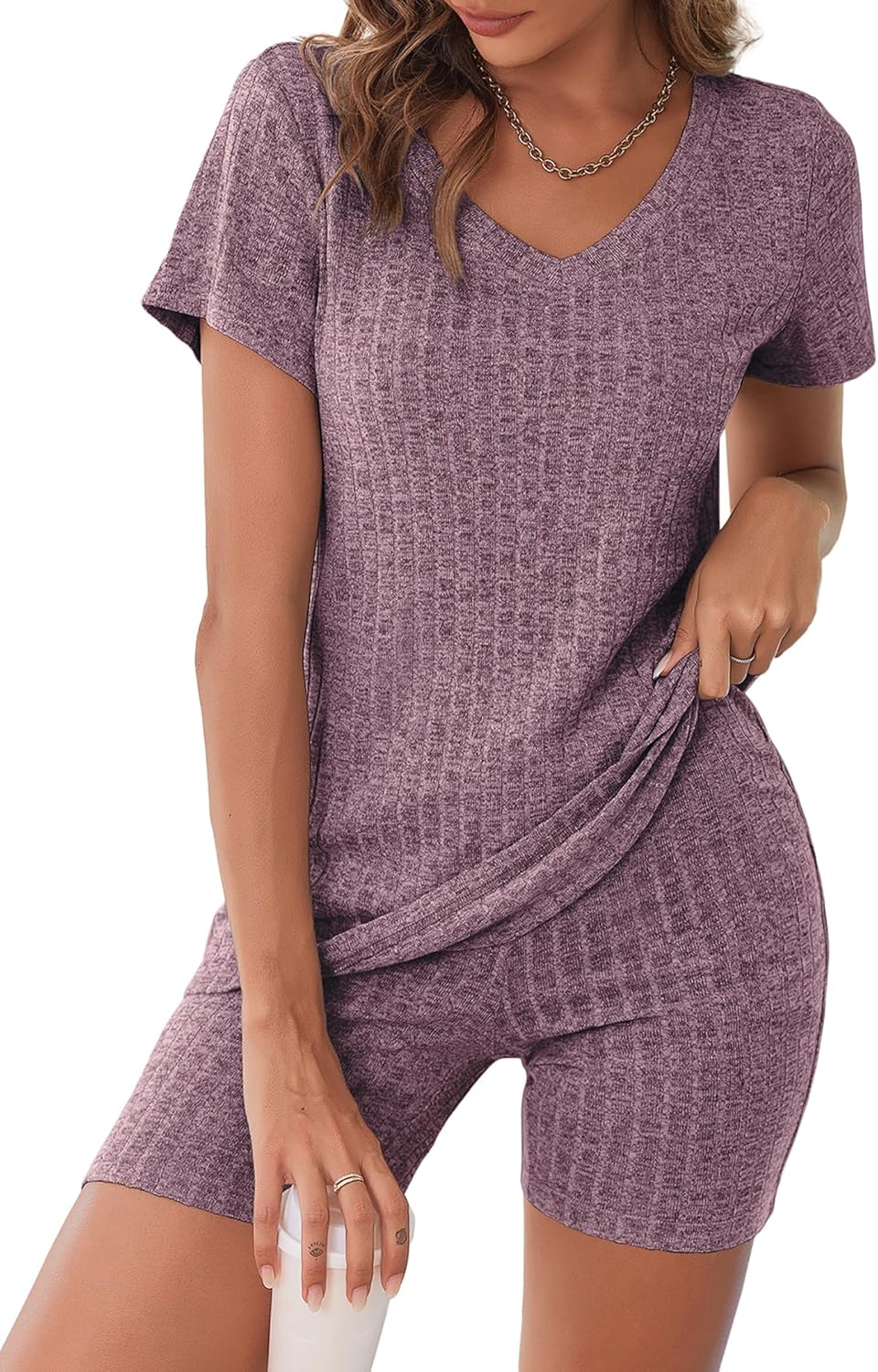 Biker Short Sets Women 2 Piece Outfits Ribbed Pajama Short Sleeve Workout Set