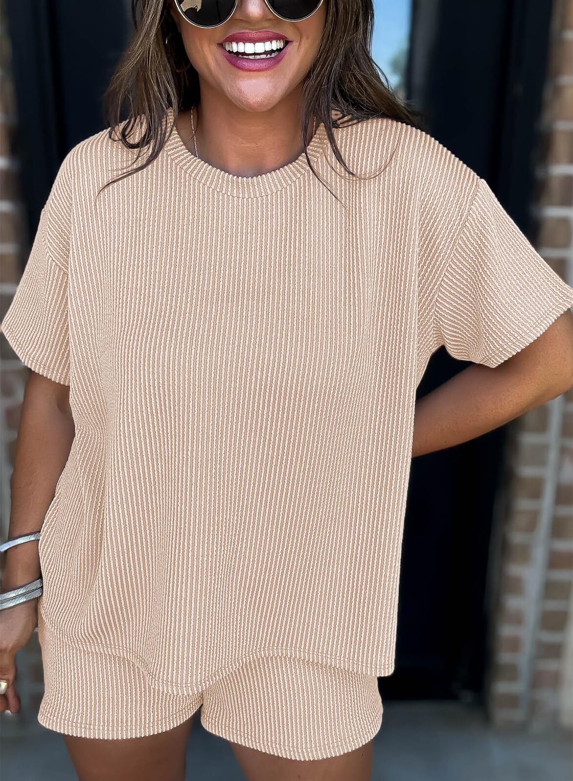 Women's Pocket Casual Short Sleeve T-shirt & Elastic Waist Shorts, Ribbed 2 Piece Sets