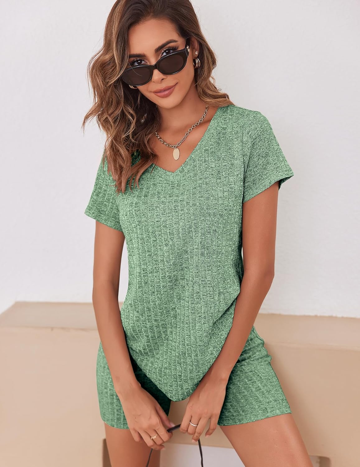 Biker Short Sets Women 2 Piece Outfits Ribbed Pajama Short Sleeve Workout Set
