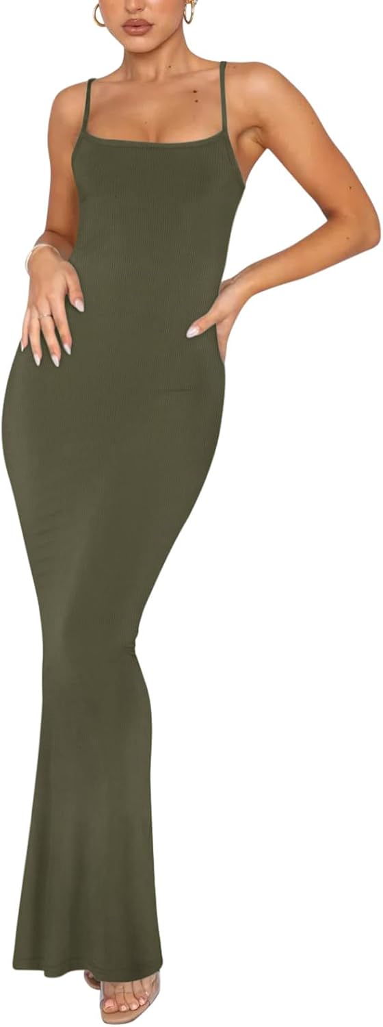 Women's Basic Sexy Lounge Slip Long Dress Elegant Sleeveless Backless Ribbed Bodycon Maxi Dresses