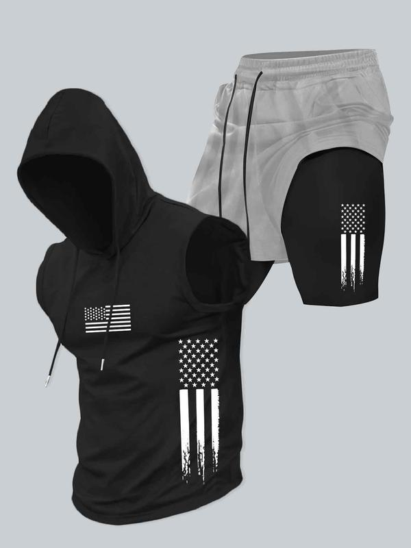 Season promotion--Two-piece Set Men's American Flag Print Hooded Tank Top & Shorts Set