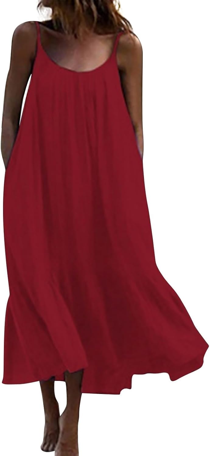 Summer Dresses Loose Fit Sleeveless Spaghetti Strap Asymmetric Tiered Maxi Dress Baggy