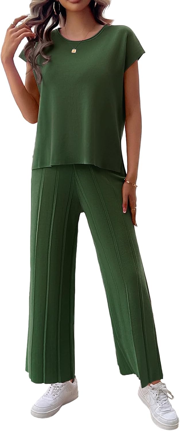 Womens 2 Pieces Lounge Sets Knit Sweater Sets Casual Cap Sleeve Tops with Wide Leg Pants Tracksuits