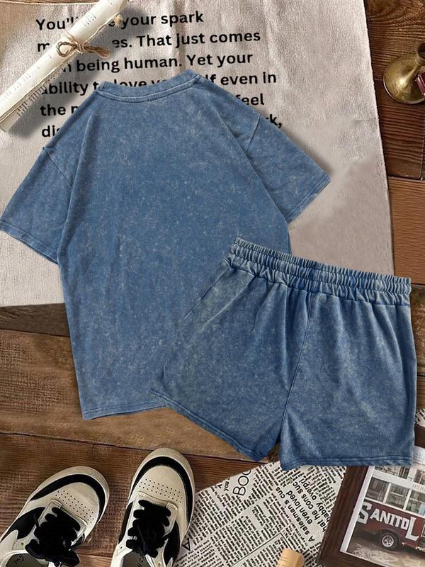 Two-piece Set Women's Solid Color Shortsleeve Tee & Denim-effect Print Shorts Cotton Set