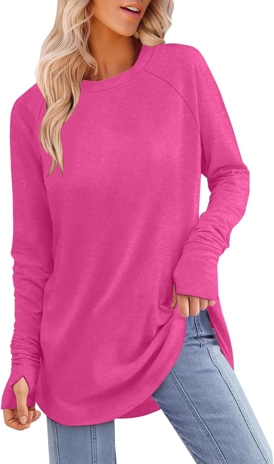 Womens Tunic Tops to Wear with Leggings Long Sleeve Thumb Hole Shirts Crew Neck Curved Hem Fall Winter Clothes