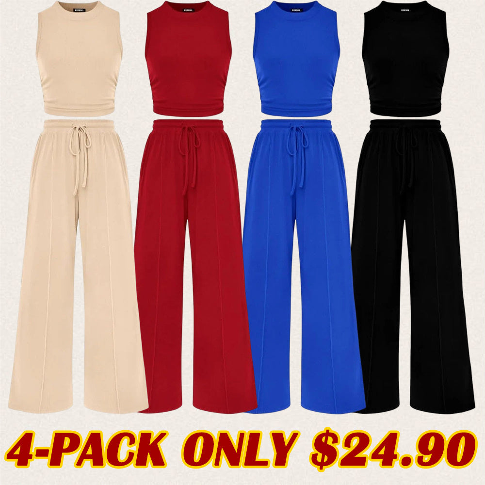 Women's Summer 2-Piece Outfits - Ribbed Knit Crew Neck Sleeveless Cropped Top & Wide Leg Pants Lounge Set