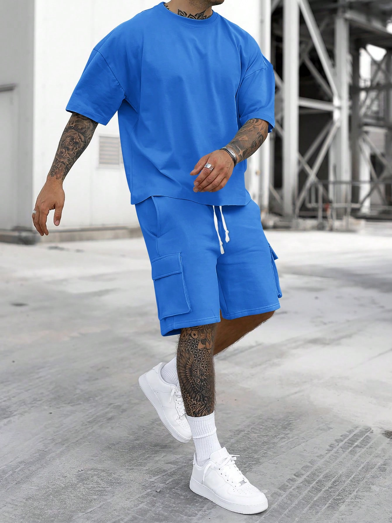 [S-6XL] Men's Solid Tee & Cargo Shorts Set