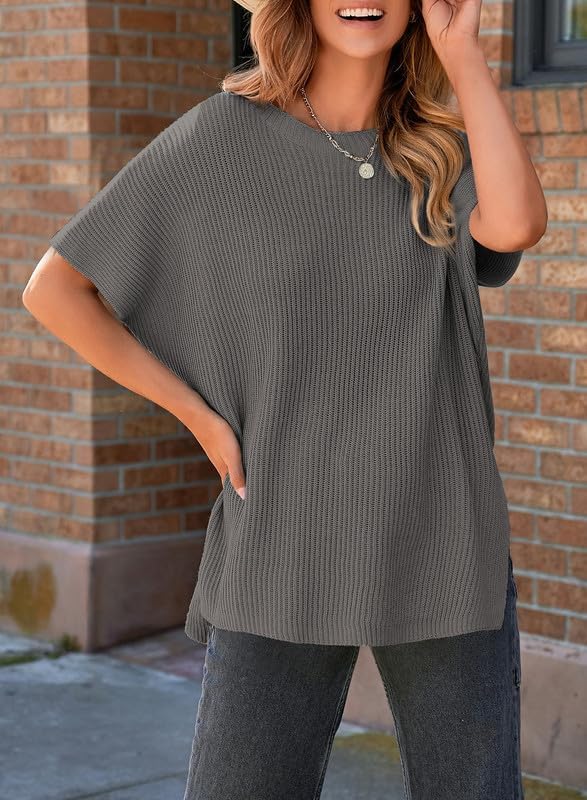 Womens Tops Crewneck Short Sleeve Sweater Causal Tunic Tops Lightweight Summer Sweaters for Women