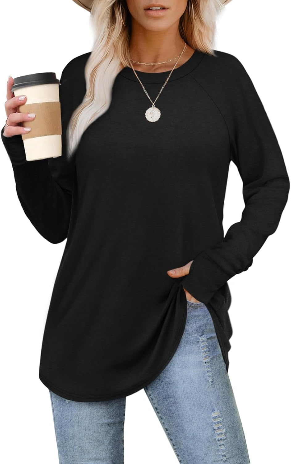 Womens Tunic Tops to Wear with Leggings Long Sleeve Thumb Hole Shirts Crew Neck Curved Hem Fall Winter Clothes