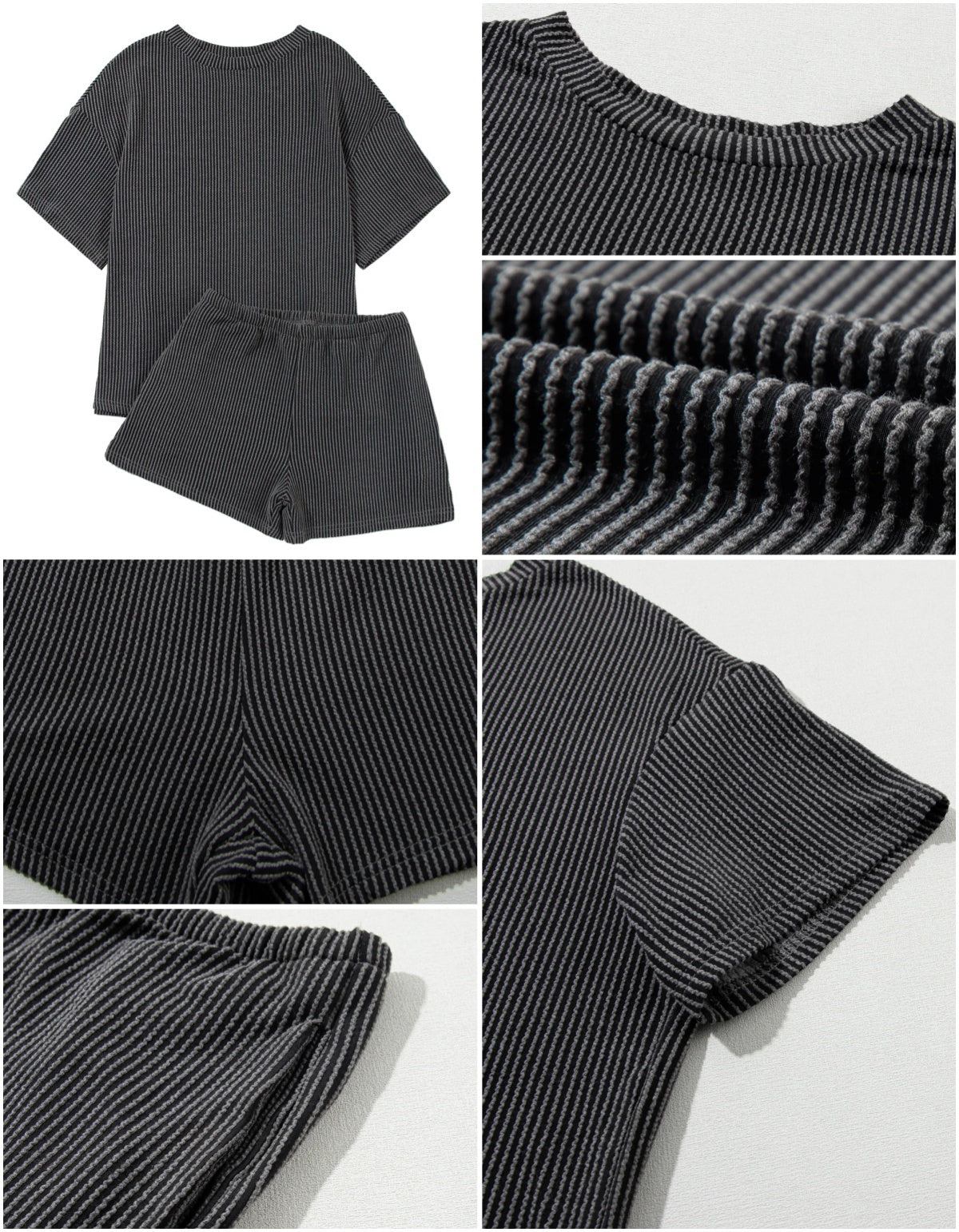 Women's Pocket Casual Short Sleeve T-shirt & Elastic Waist Shorts, Ribbed 2 Piece Sets