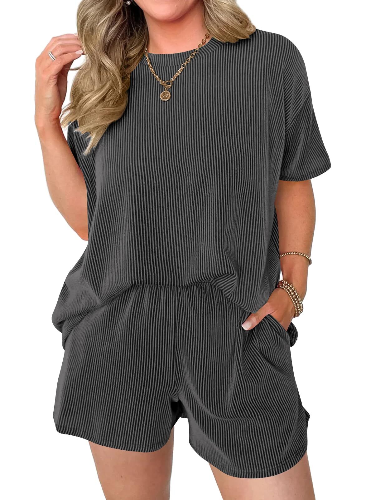 Women's Pocket Casual Short Sleeve T-shirt & Elastic Waist Shorts, Ribbed 2 Piece Sets