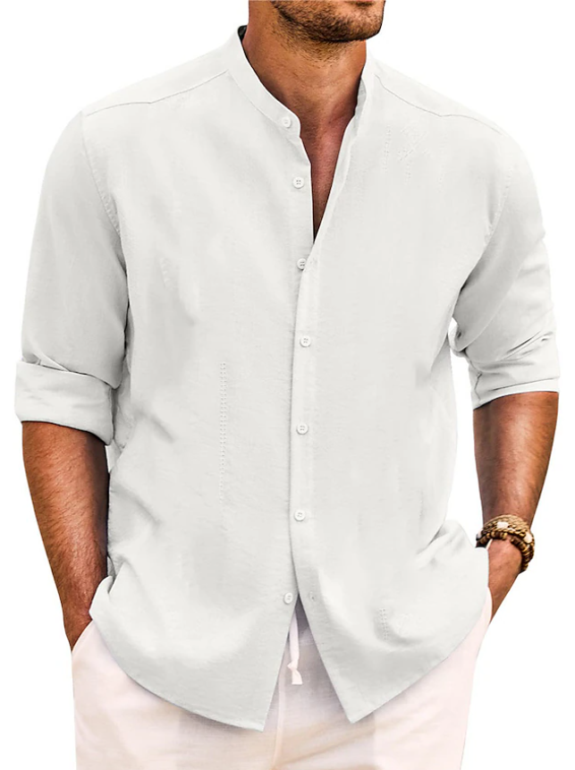 Men's Shirt Band Collar Shirt Summer Shirt Beach Wear Casual Shirt Button Up Shirt Plain Vacation Casual Black White Pink Green Long Sleeve Band Collar Spring & Summer Clothing Apparel