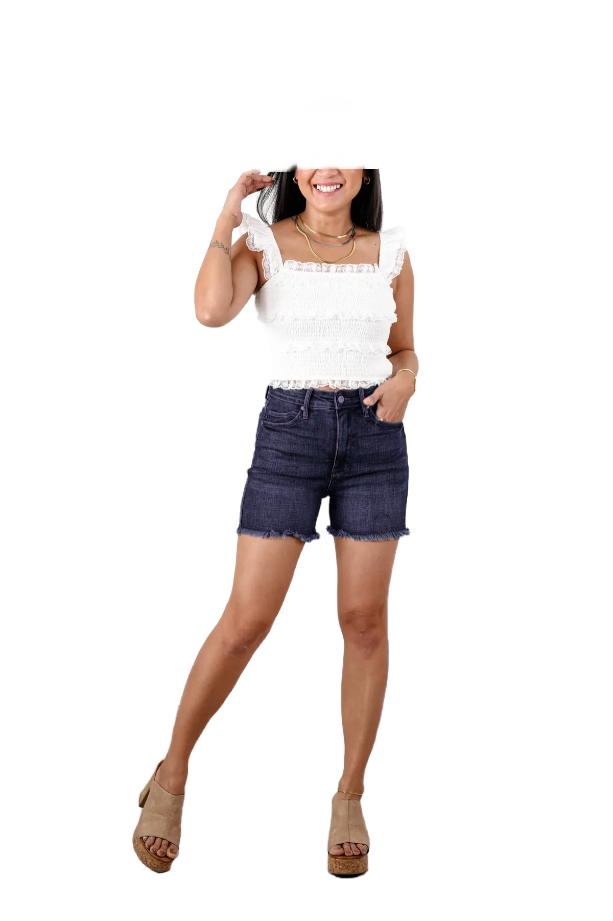 🔥2025 Hot Trend🔥Dark Wash Tummy Control Fray Hem Shorts with Shield Back Pockets