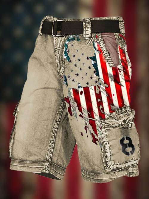 Men's Vintage Flag Independence Day Multi-Pocket Print Cargo Shorts (Belt Included)