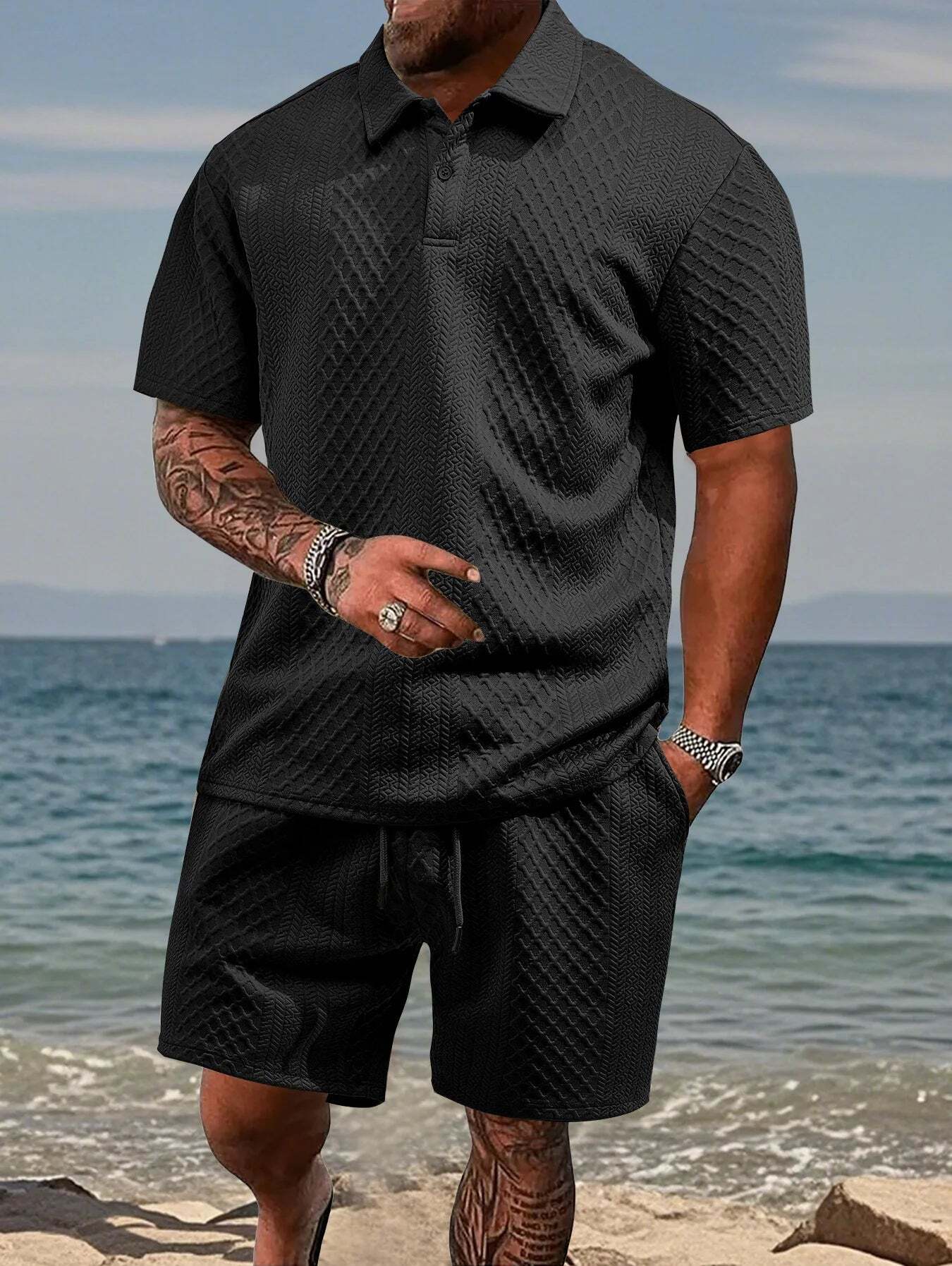 7 Packs Men's casual sports lapel jacquard texture polo shirt set