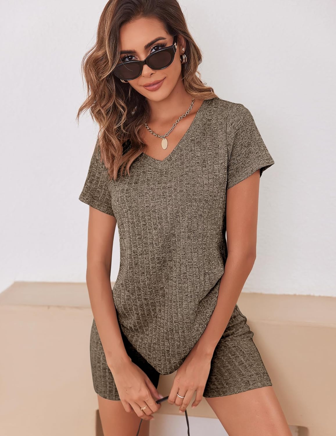 Biker Short Sets Women 2 Piece Outfits Ribbed Pajama Short Sleeve Workout Set